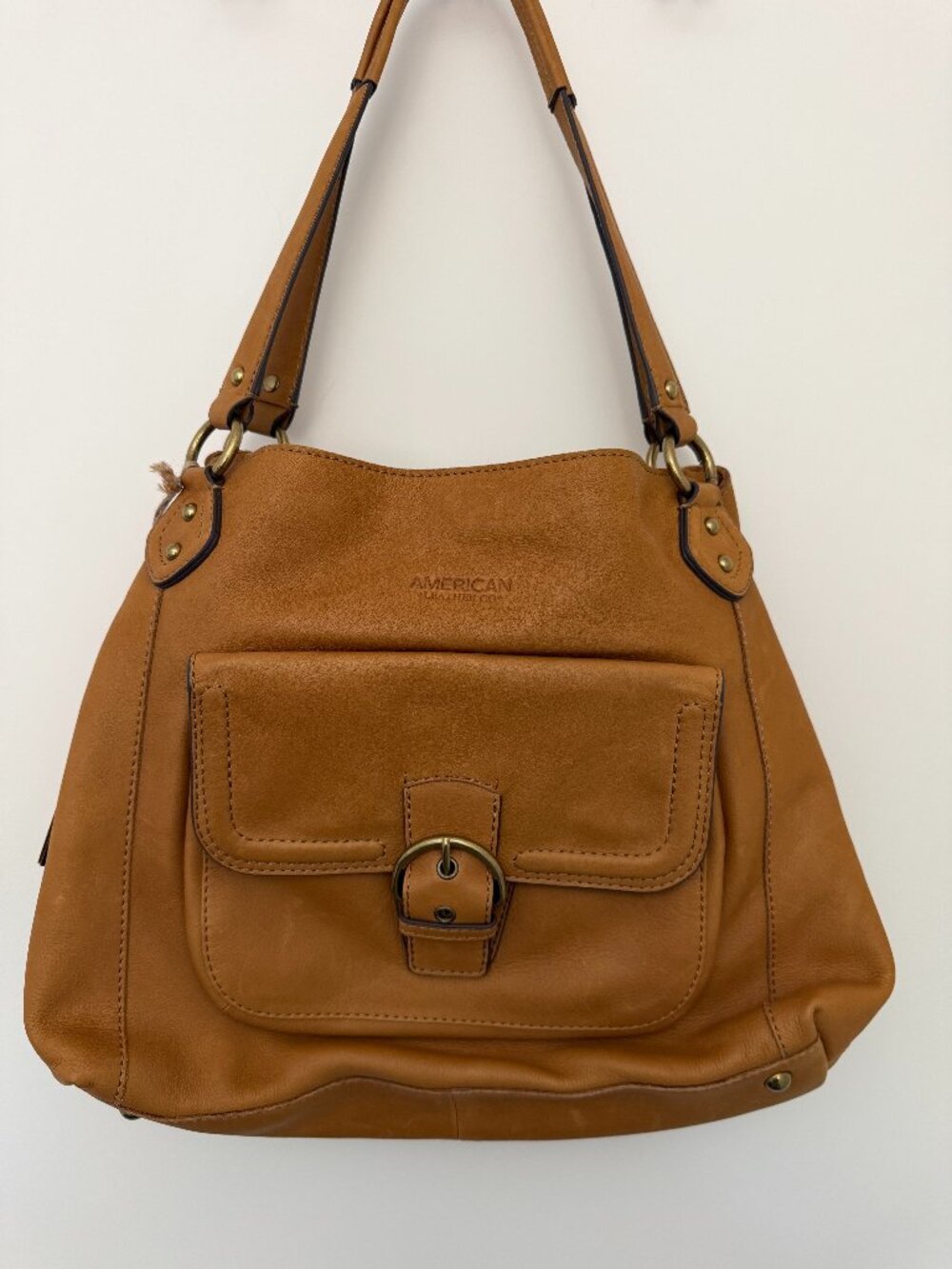 NWT American Leather Co. Cognac Tan Leather Buckle Shoulder Bag Tote